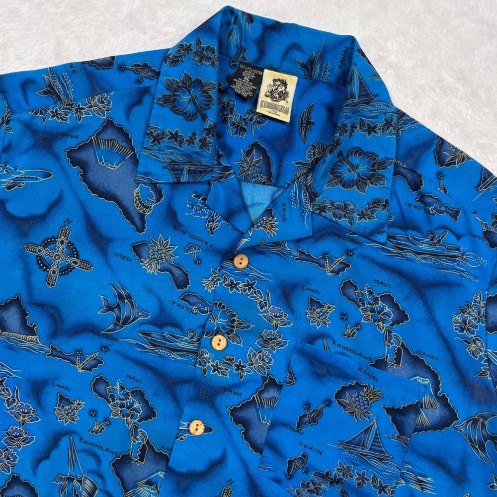VTG 80s Kennington Hawaiian Shirt Men XL Blue Island Map Floral Camp Aloha Beach